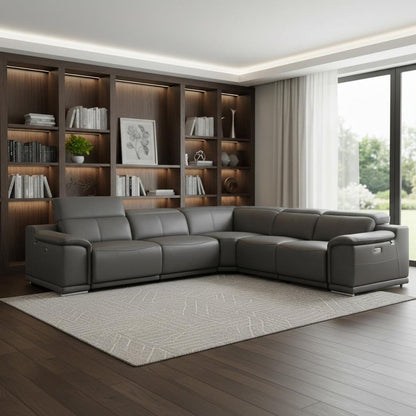 Gray Italian Leather Power Reclining U Shaped Five Piece Corner Sectional With Console