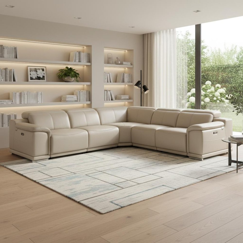 Beige Italian Leather Power Reclining U Shaped Five Piece Corner Sectional With Console