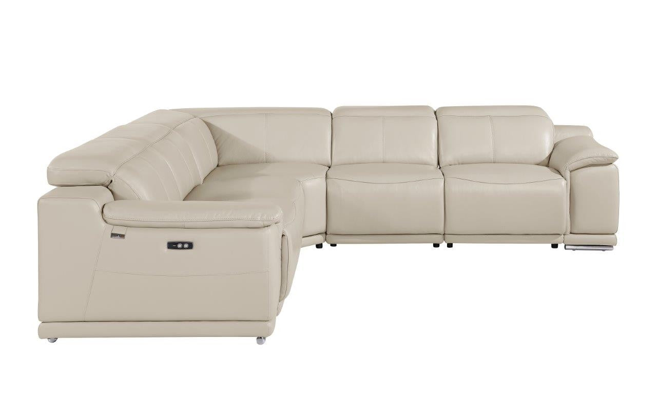 Beige Italian Leather Power Reclining U Shaped Five Piece Corner Sectional With Console