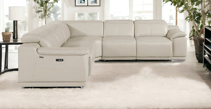 Beige Italian Leather Power Reclining U Shaped Five Piece Corner Sectional With Console