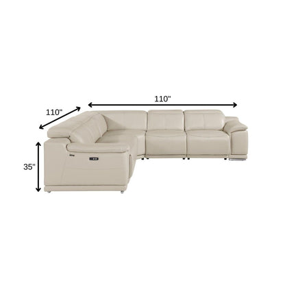 Beige Italian Leather Power Reclining U Shaped Five Piece Corner Sectional With Console
