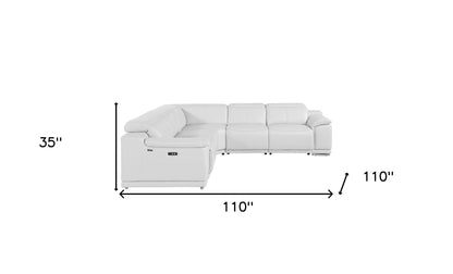 White Italian Leather Power Reclining L Shaped Five Piece Corner Sectional