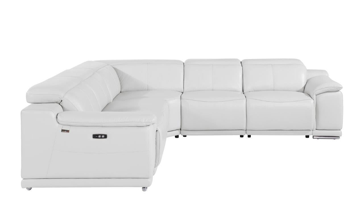 White Italian Leather Power Reclining L Shaped Five Piece Corner Sectional