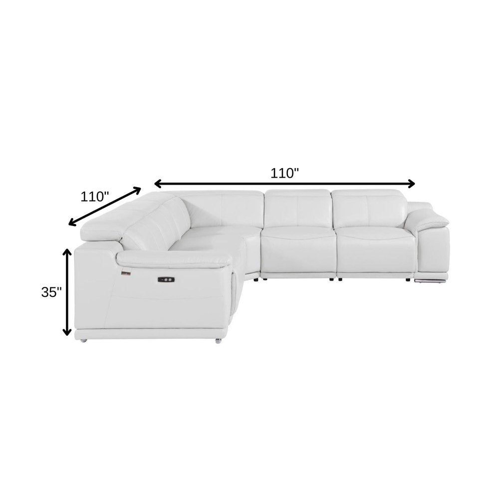 White Italian Leather Power Reclining L Shaped Five Piece Corner Sectional