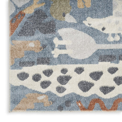 3' X 5' Ivory Blue and Gray Kids Safar Animal Print Washable Area Rug