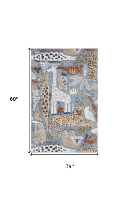 3' X 5' Ivory Blue and Gray Kids Safar Animal Print Washable Area Rug