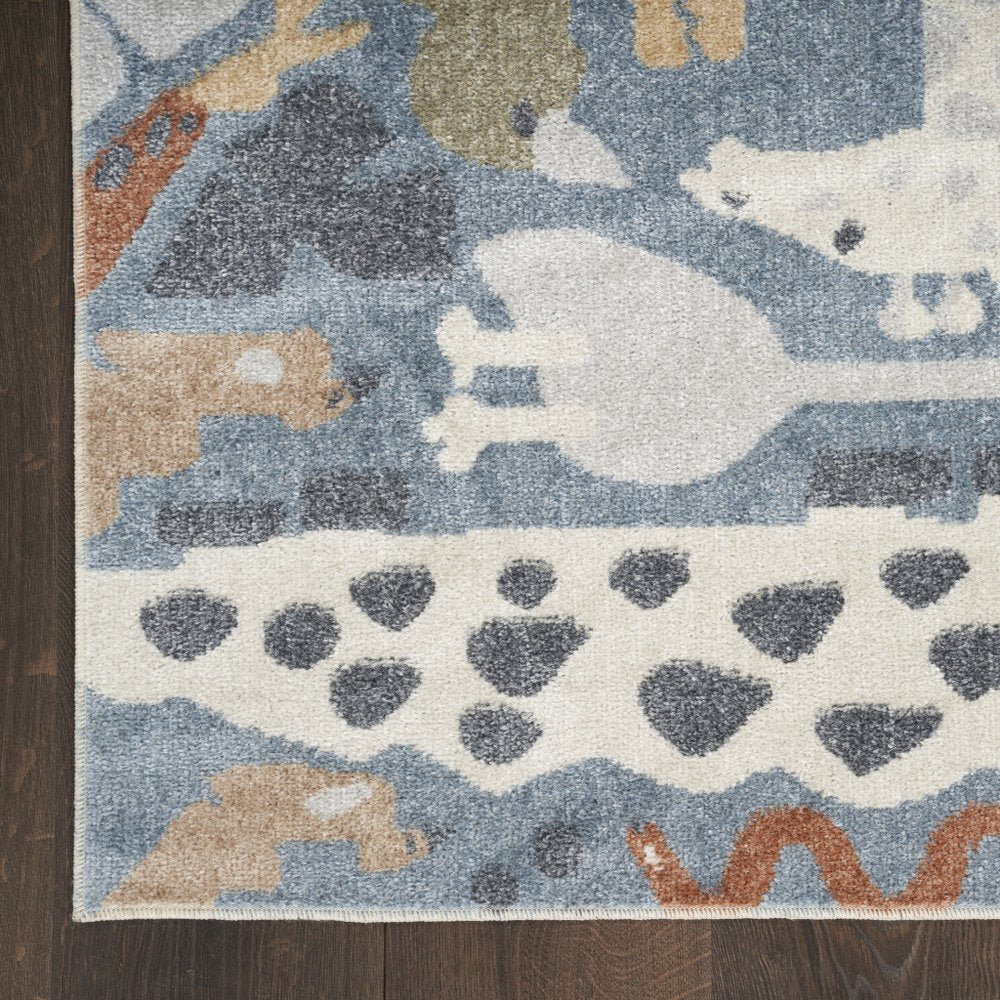 5' X 7' Ivory Blue and Gray Kids Jungle Animal Print Washable Area Rug