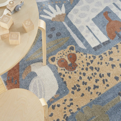 5' X 7' Ivory Blue and Gray Kids Jungle Animal Print Washable Area Rug