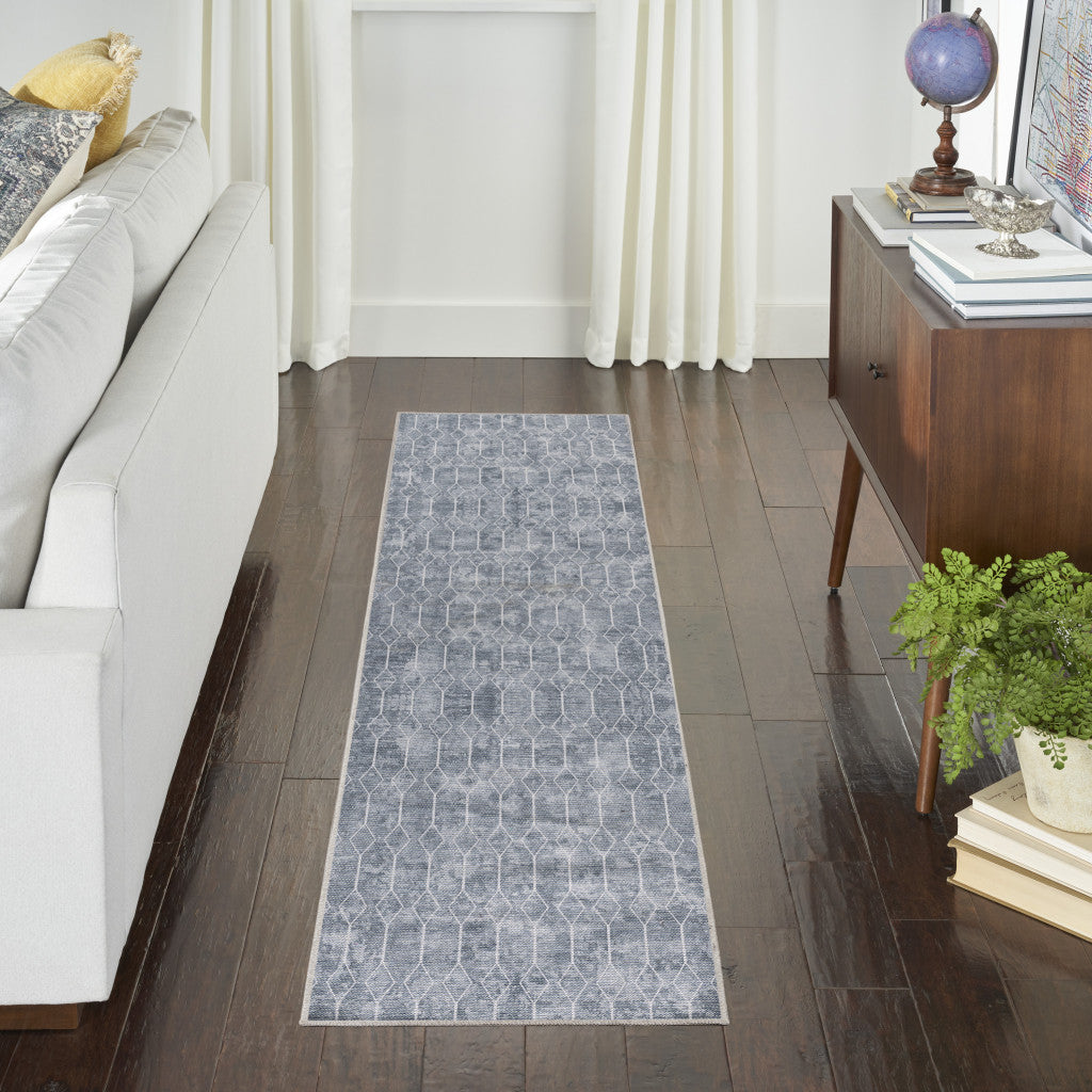 10' Blue and Gray Geometric Power Loom Washable Runner Rug