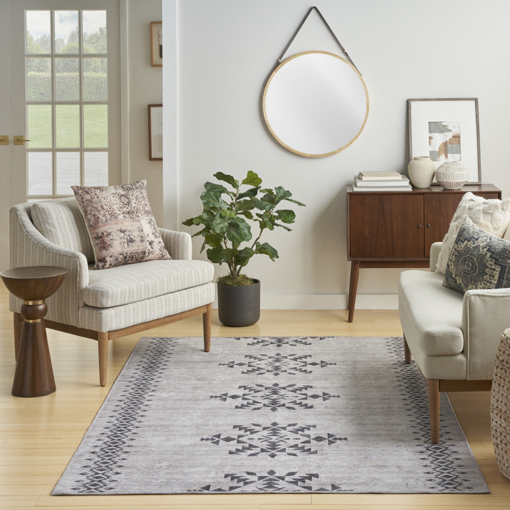 5' X 7' Gray and Ivory Geometric Power Loom Washable Area Rug