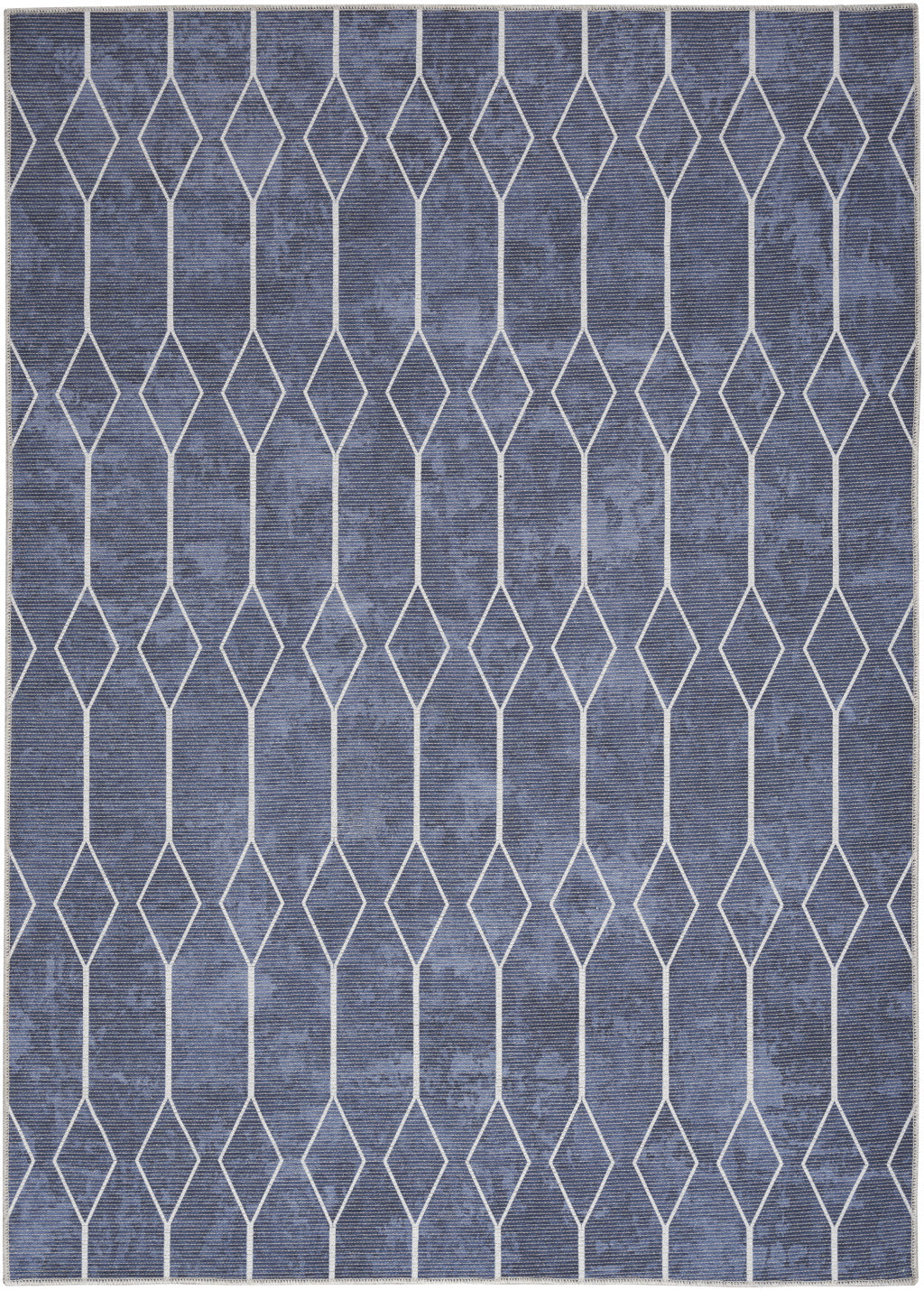 5' X 7' Blue and Ivory Geometric Power Loom Washable Area Rug