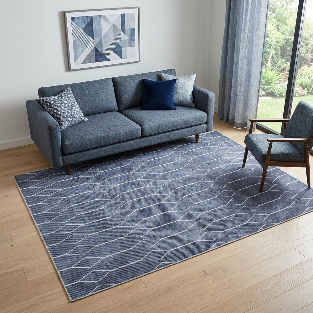 5' X 7' Blue and Ivory Geometric Power Loom Washable Area Rug