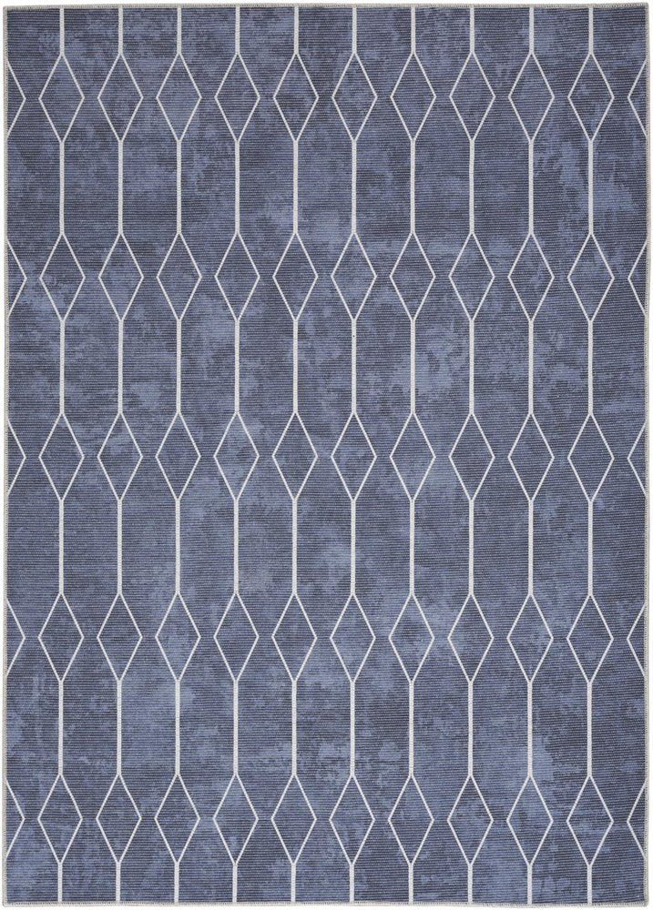 5' X 7' Blue and Ivory Geometric Power Loom Washable Area Rug