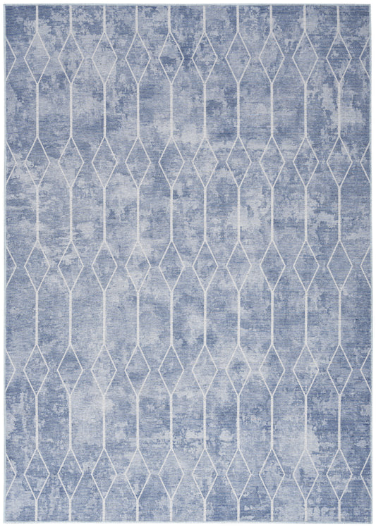 5' X 7' Blue and Off White Geometric Power Loom Washable Area Rug