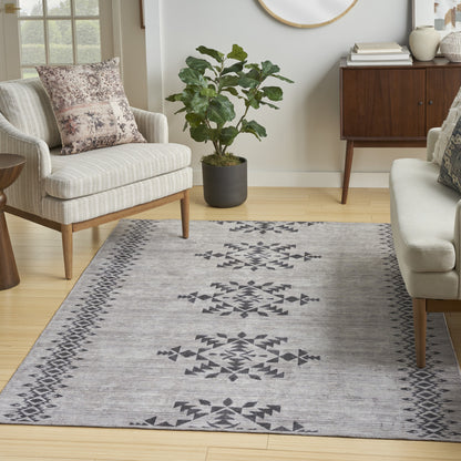 6' X 9' Gray and Ivory Geometric Power Loom Washable Area Rug