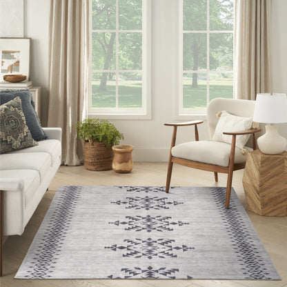 6' X 9' Gray and Ivory Geometric Power Loom Washable Area Rug