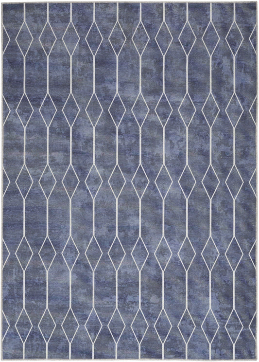 6' X 9' Blue and Ivory Geometric Power Loom Washable Area Rug