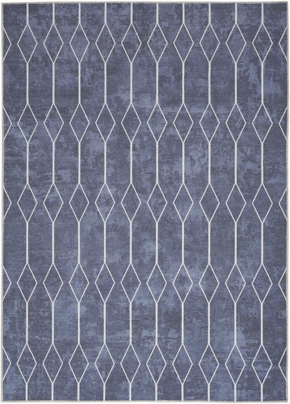6' X 9' Blue and Ivory Geometric Power Loom Washable Area Rug
