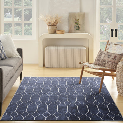 6' X 9' Blue and Ivory Geometric Power Loom Washable Area Rug