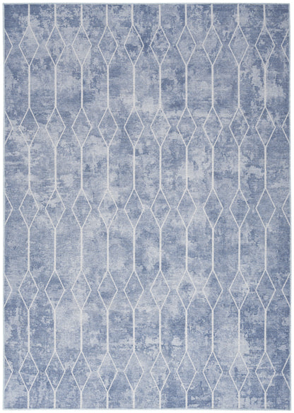 6' X 9' Blue and Off White Geometric Power Loom Washable Area Rug