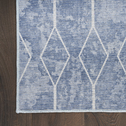 6' X 9' Blue and Off White Geometric Power Loom Washable Area Rug