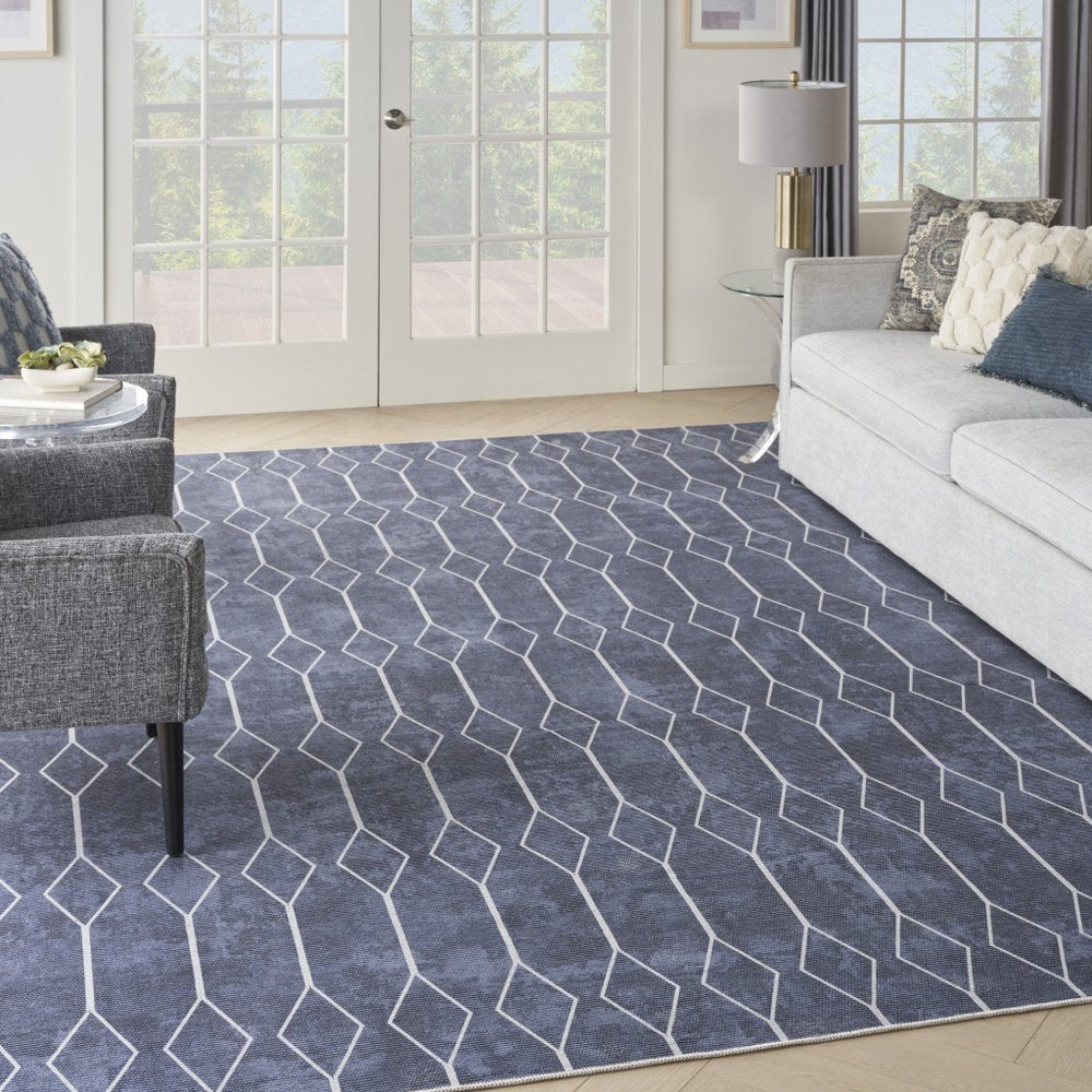 8' X 10' Blue and Ivory Geometric Power Loom Washable Area Rug