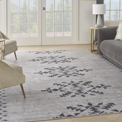 9' X 12' Gray and Ivory Geometric Power Loom Washable Area Rug