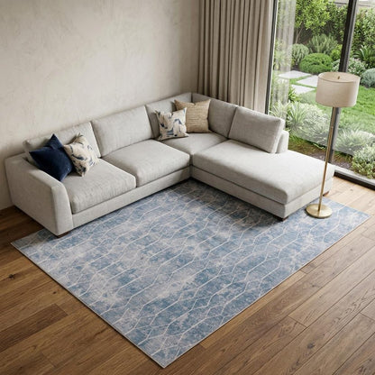 9' X 12' Blue and Gray Geometric Power Loom Washable Area Rug