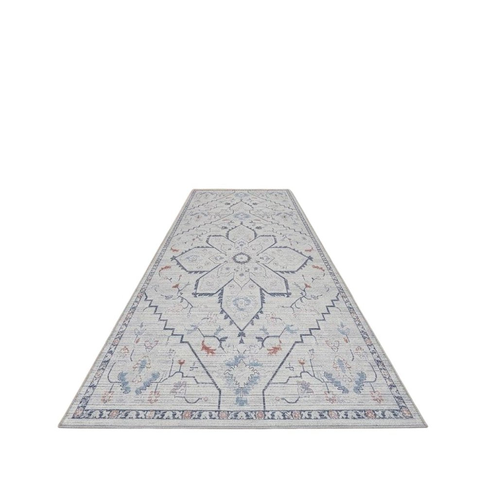 10' Ivory and Blue Oriental Power Loom Washable Runner Rug