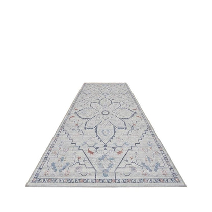 10' Ivory and Blue Oriental Power Loom Washable Runner Rug