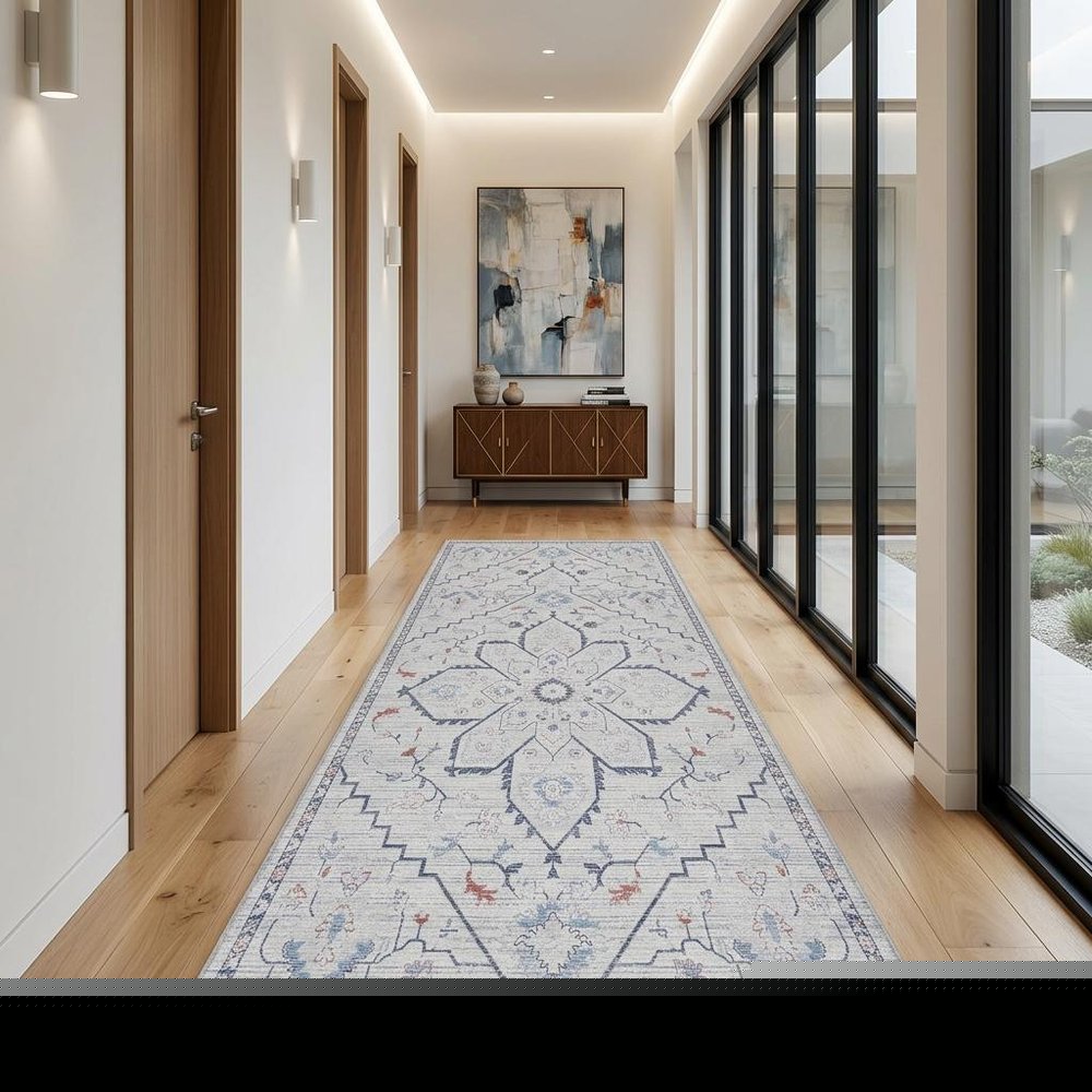 10' Ivory and Blue Oriental Power Loom Washable Runner Rug