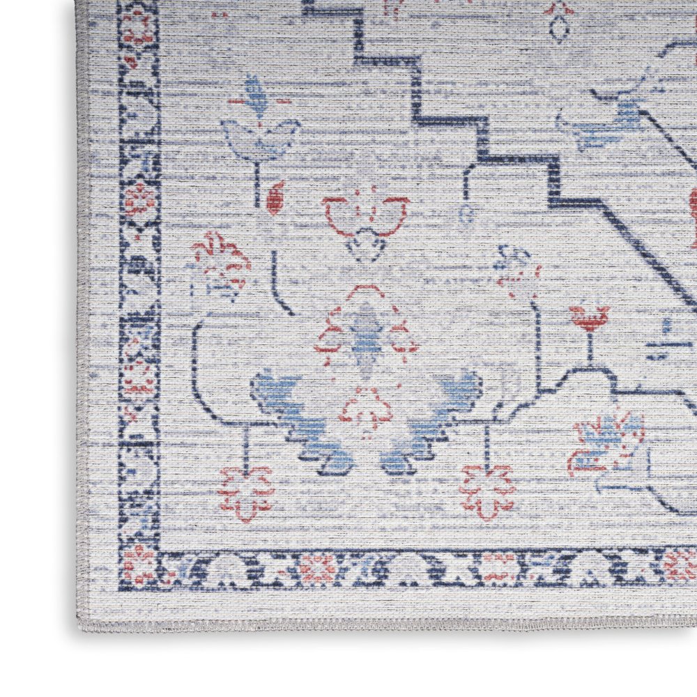 10' Ivory and Blue Oriental Power Loom Washable Runner Rug