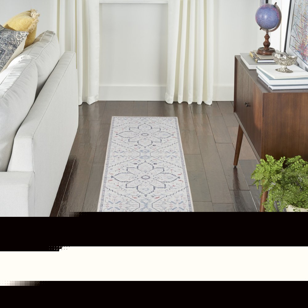 10' Ivory and Blue Oriental Power Loom Washable Runner Rug