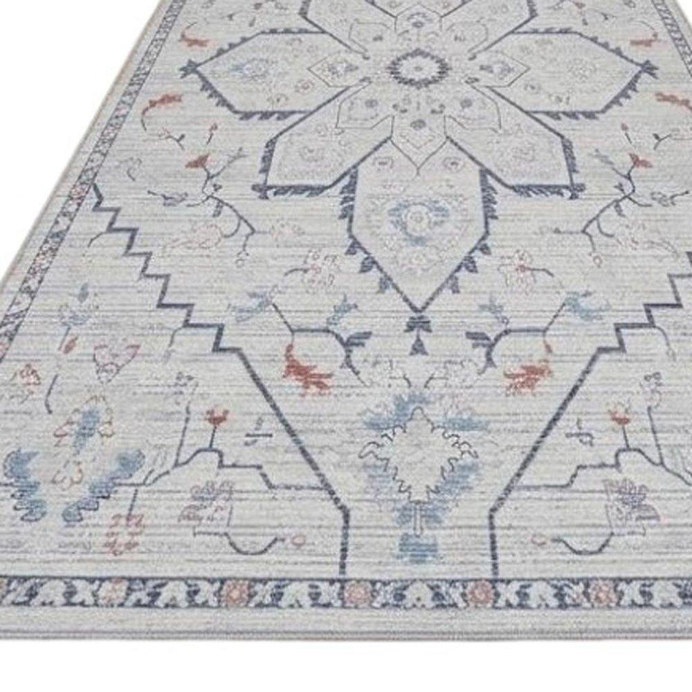 10' Ivory and Blue Oriental Power Loom Washable Runner Rug