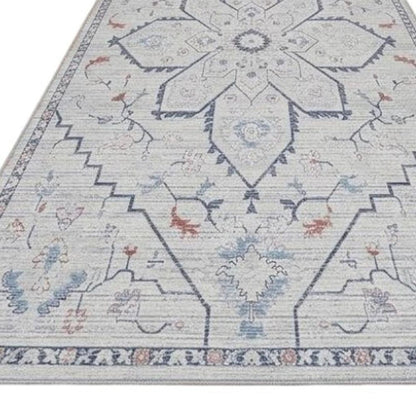 10' Ivory and Blue Oriental Power Loom Washable Runner Rug