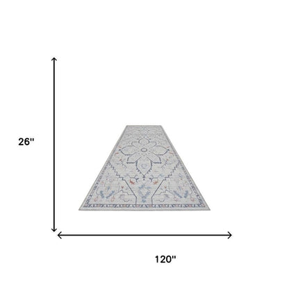 10' Ivory and Blue Oriental Power Loom Washable Runner Rug