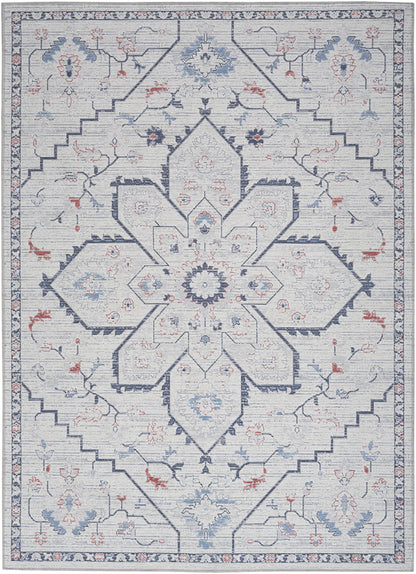 5' X 7' Ivory and Blue Oriental Power Loom Washable Area Rug