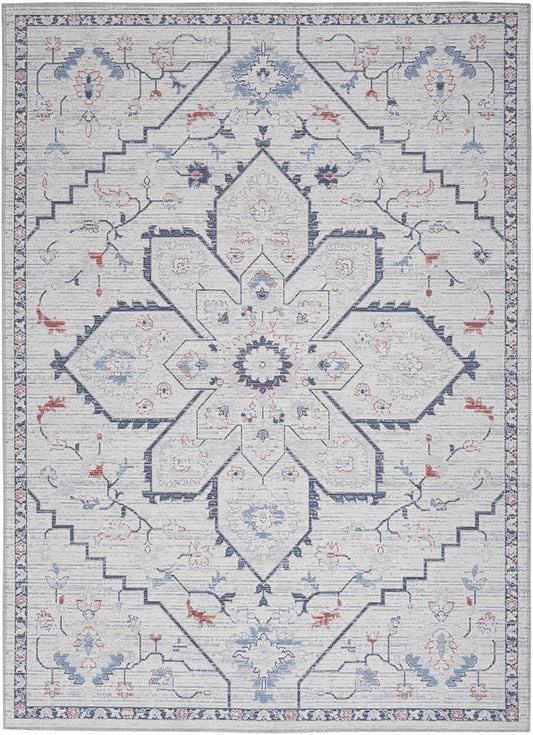 5' X 7' Ivory and Blue Oriental Power Loom Washable Area Rug