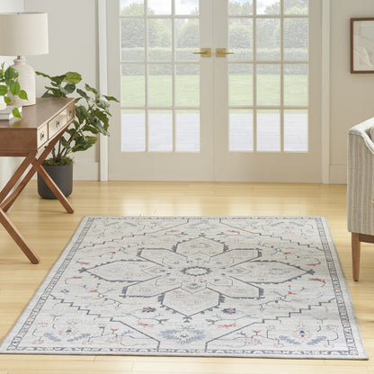 5' X 7' Ivory and Blue Oriental Power Loom Washable Area Rug