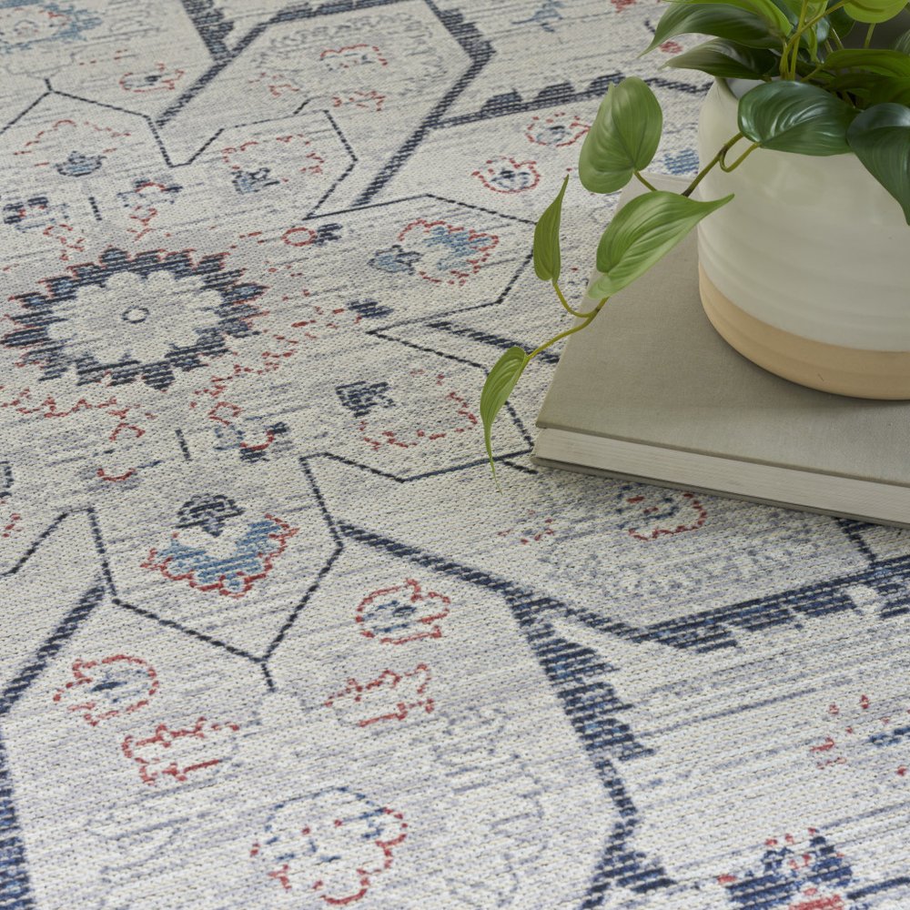 5' X 7' Ivory and Blue Oriental Power Loom Washable Area Rug