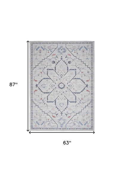 5' X 7' Ivory and Blue Oriental Power Loom Washable Area Rug