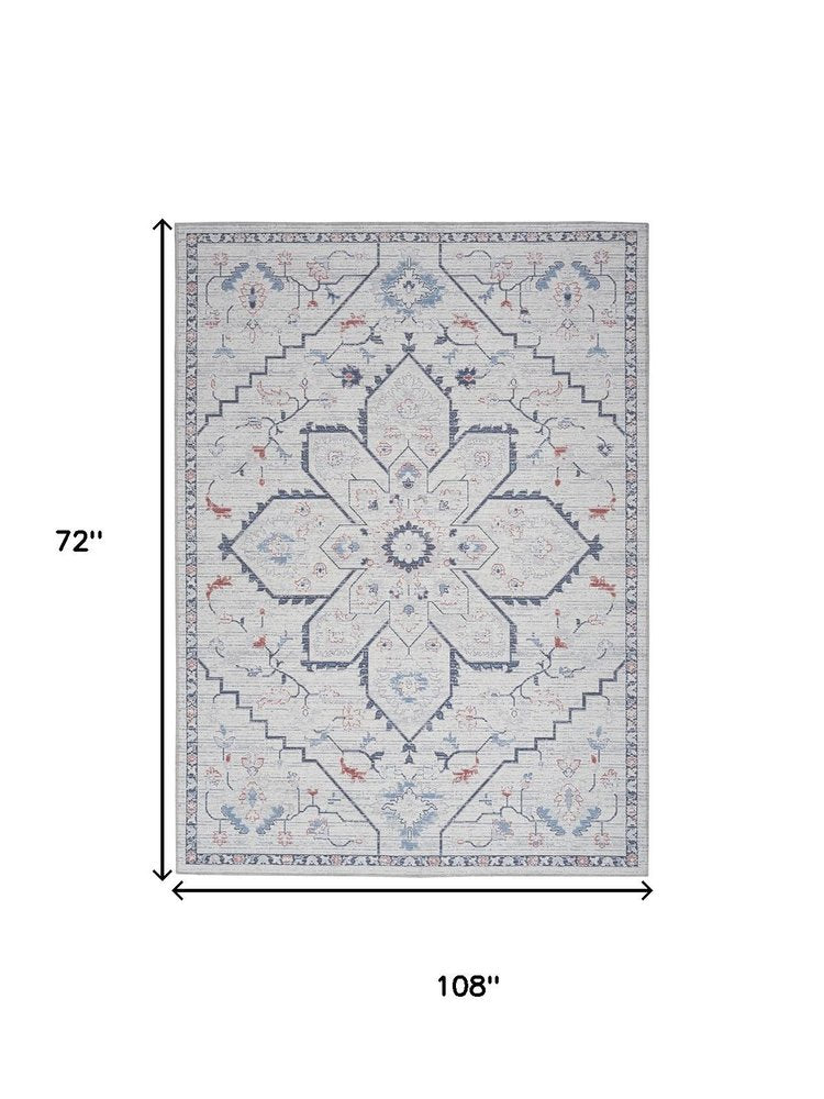 6' X 9' Ivory and Blue Oriental Power Loom Washable Area Rug