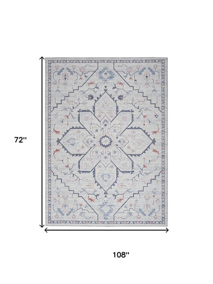6' X 9' Ivory and Blue Oriental Power Loom Washable Area Rug