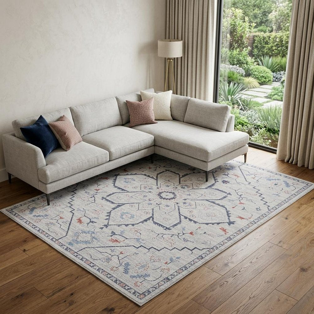 6' X 9' Ivory and Blue Oriental Power Loom Washable Area Rug