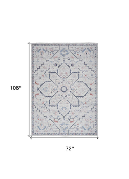 6' X 9' Ivory and Blue Oriental Power Loom Washable Area Rug