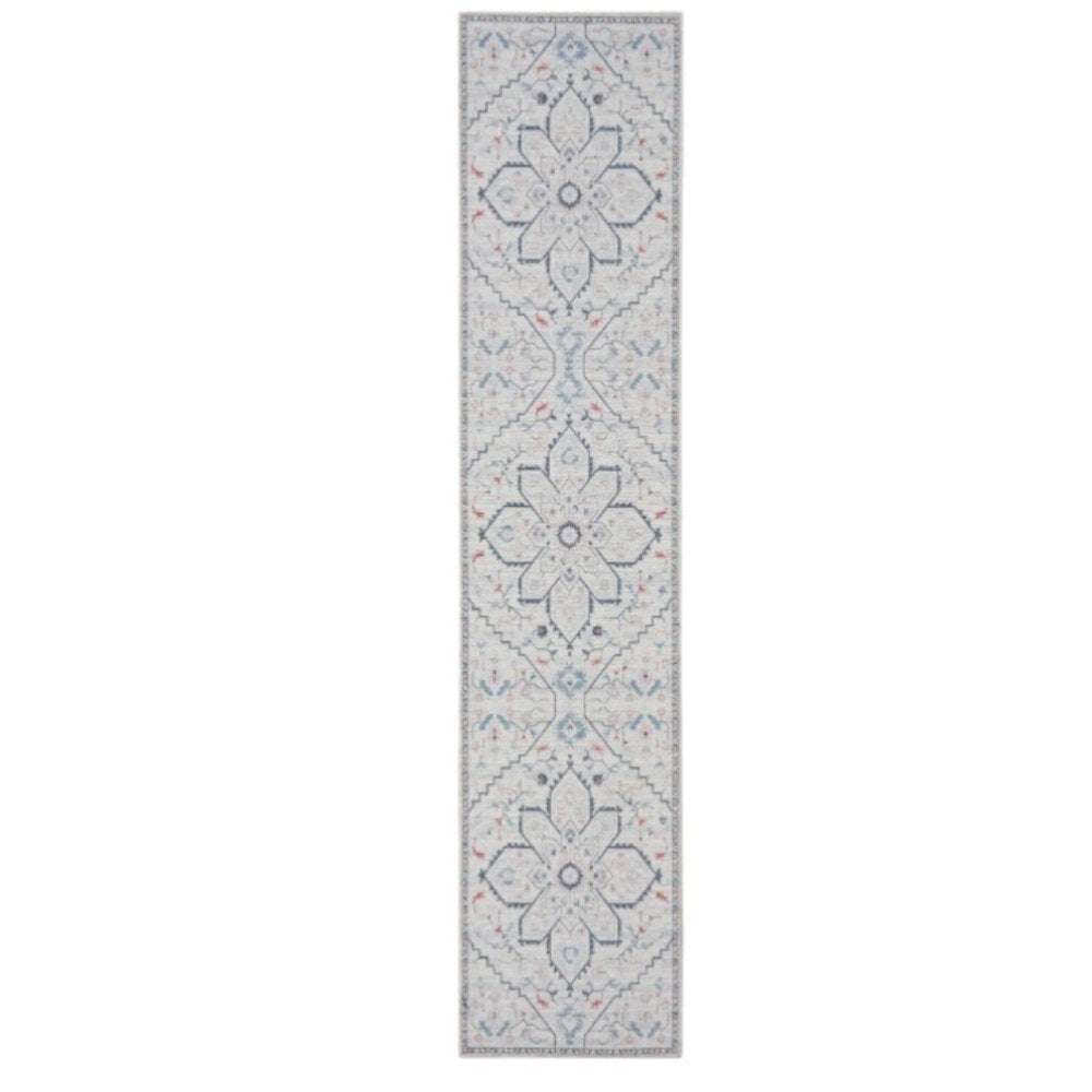 8' Ivory and Blue Oriental Power Loom Washable Runner Rug