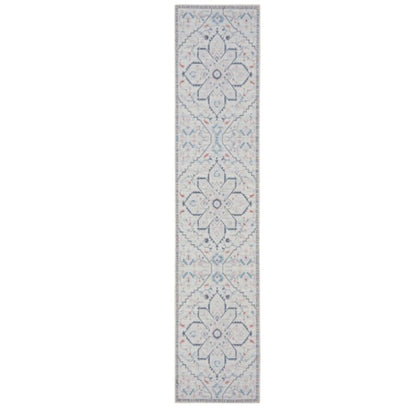8' Ivory and Blue Oriental Power Loom Washable Runner Rug