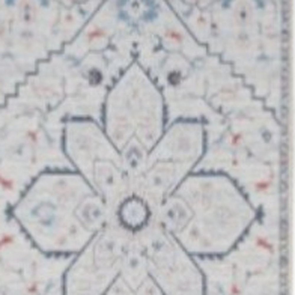 8' Ivory and Blue Oriental Power Loom Washable Runner Rug