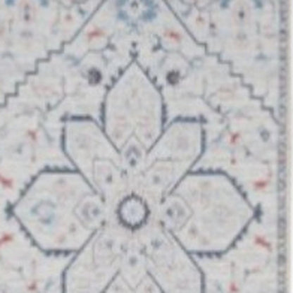 8' Ivory and Blue Oriental Power Loom Washable Runner Rug