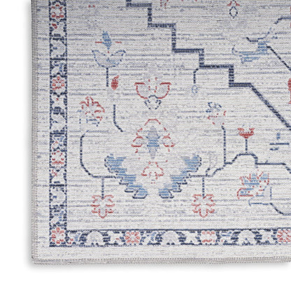 8' Ivory and Blue Oriental Power Loom Washable Runner Rug